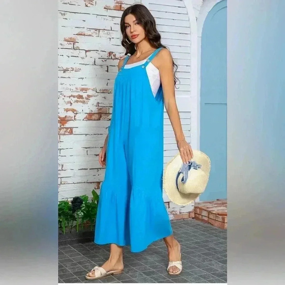 Women's Jumpsuit Casual Long Romper Wide Leg Overalls Pants Cotton size Medium - Picture 4 of 8